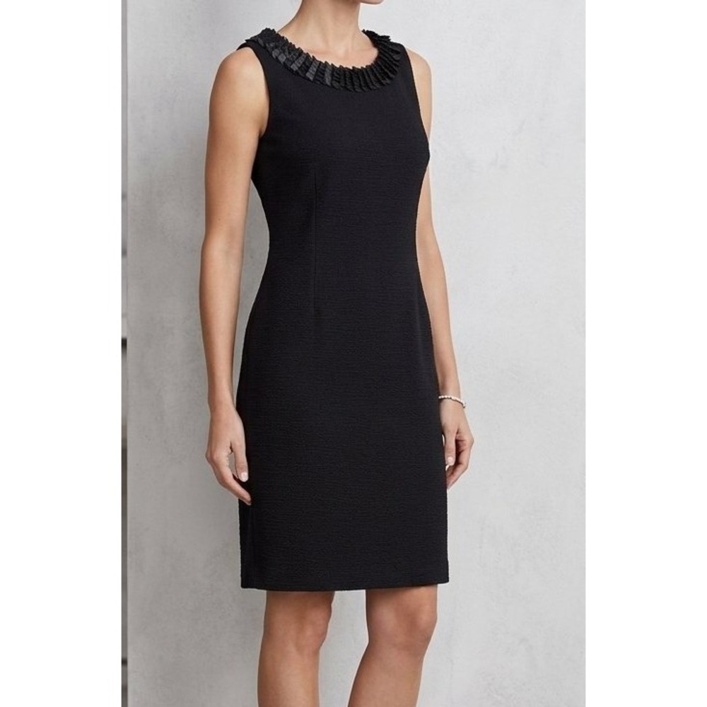 Saks Fifth Avenue Black Cocktail Dress 10 Sleeveless Ribbon Pleat Neck Ponte LBD